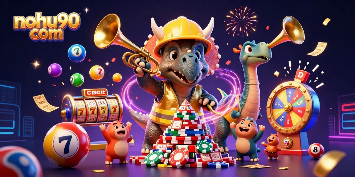 Experience winning thrills at nohu90 com with vibrant casino characters celebrating around dynamic slot elements.