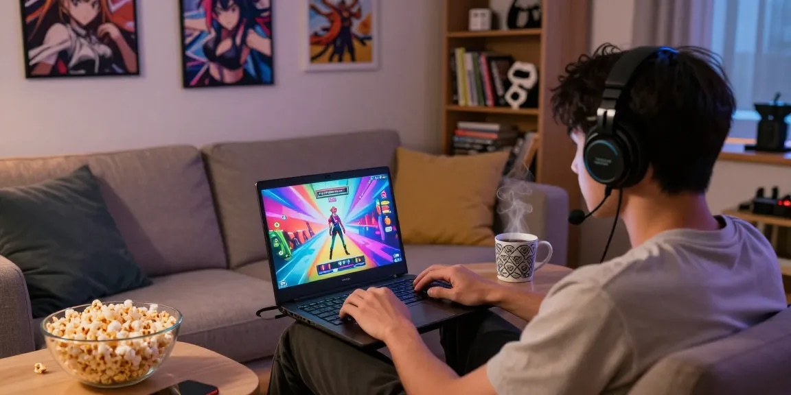 Engaged player enjoying a hentai game on a modern laptop in a cozy gaming setup.