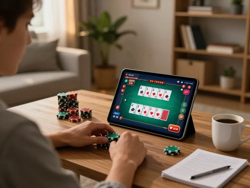Engaged player on https://888vnd.bid/ enjoying a vibrant online poker game from home, showcasing strategy notes and tablet.