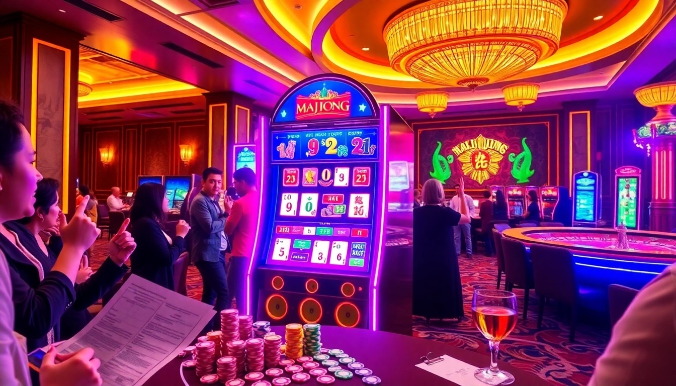 Excited players engaging with a slot demo mahjong machine in a luxurious casino setting.