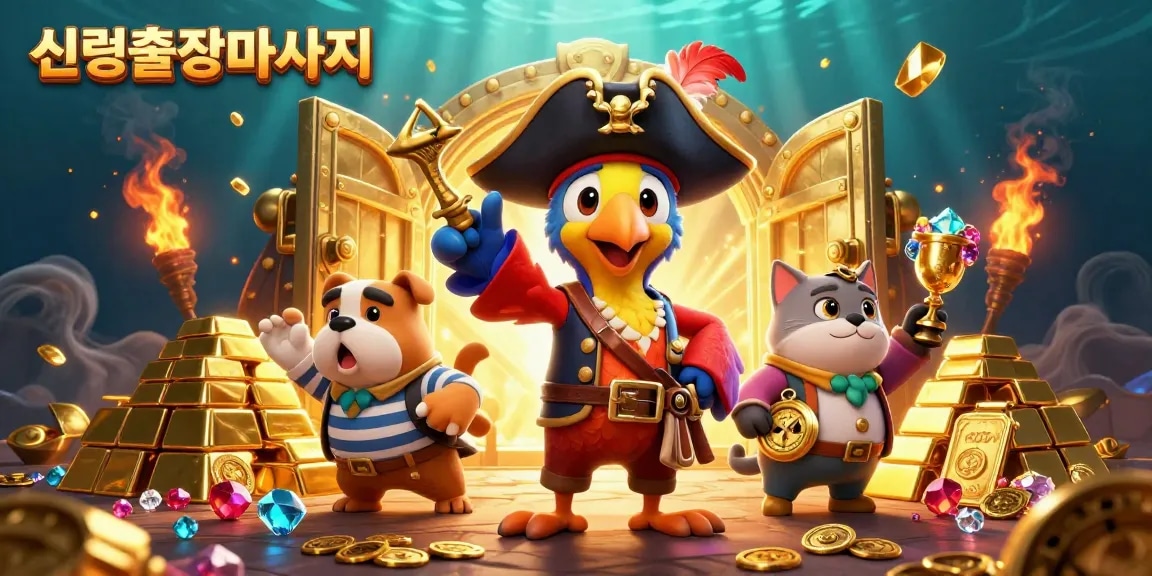 Experience 신림출장마사지 with playful pirate characters amidst sparkling treasure and casino elements.
