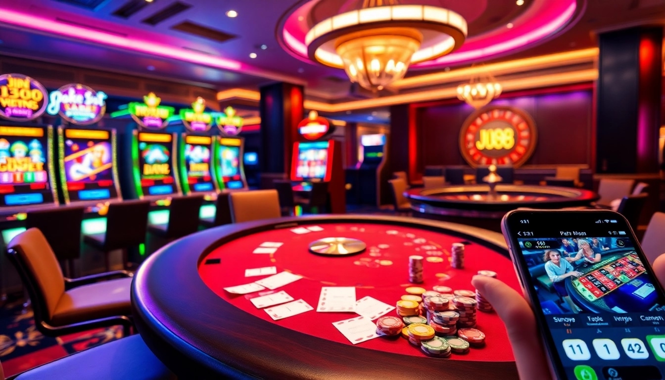 Players enjoying thrilling poker games at Jun88 casino with vibrant slot machines and betting slips