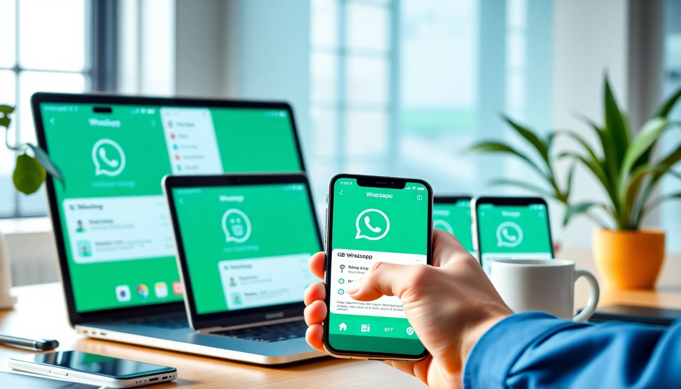 Showcase GB WhatsApp features in a modern workspace with multiple devices.