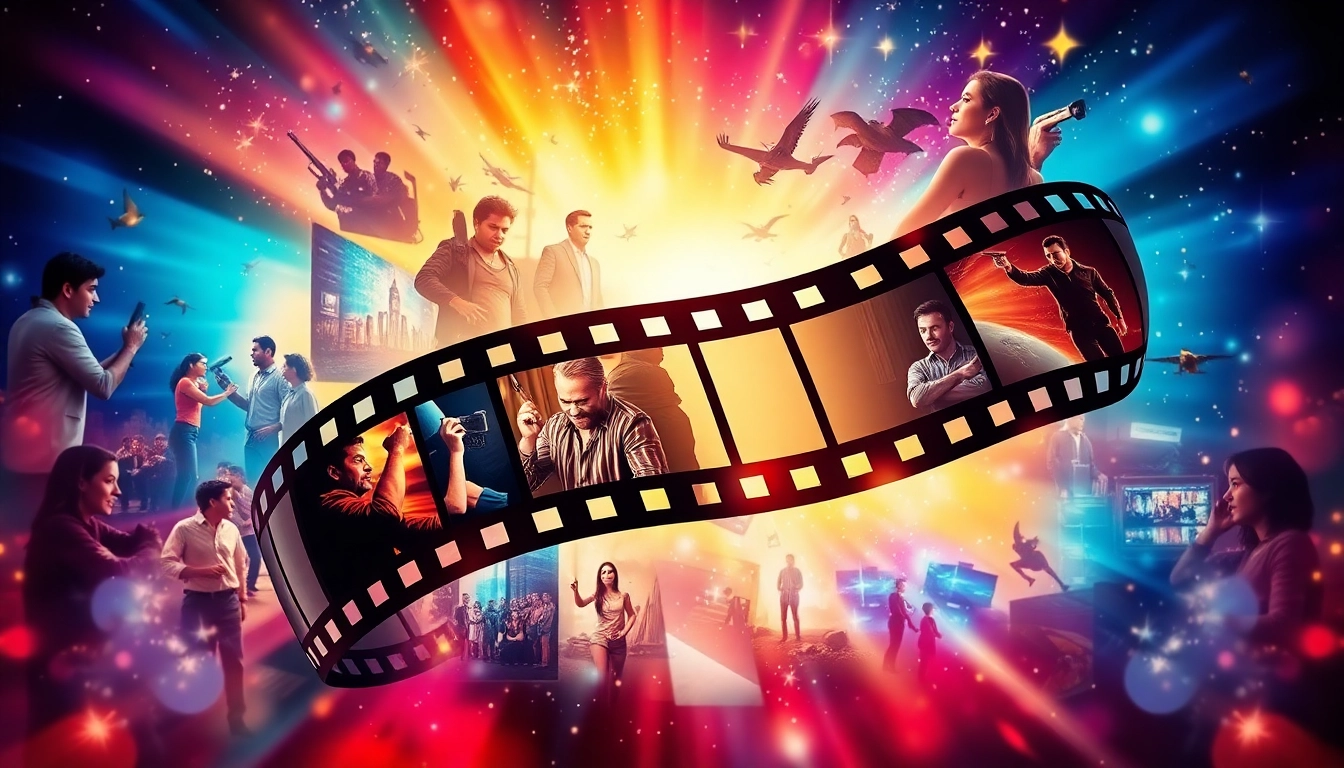 Experience the magic of ดูหนัง with a vibrant collage of iconic movie scenes and film reels.