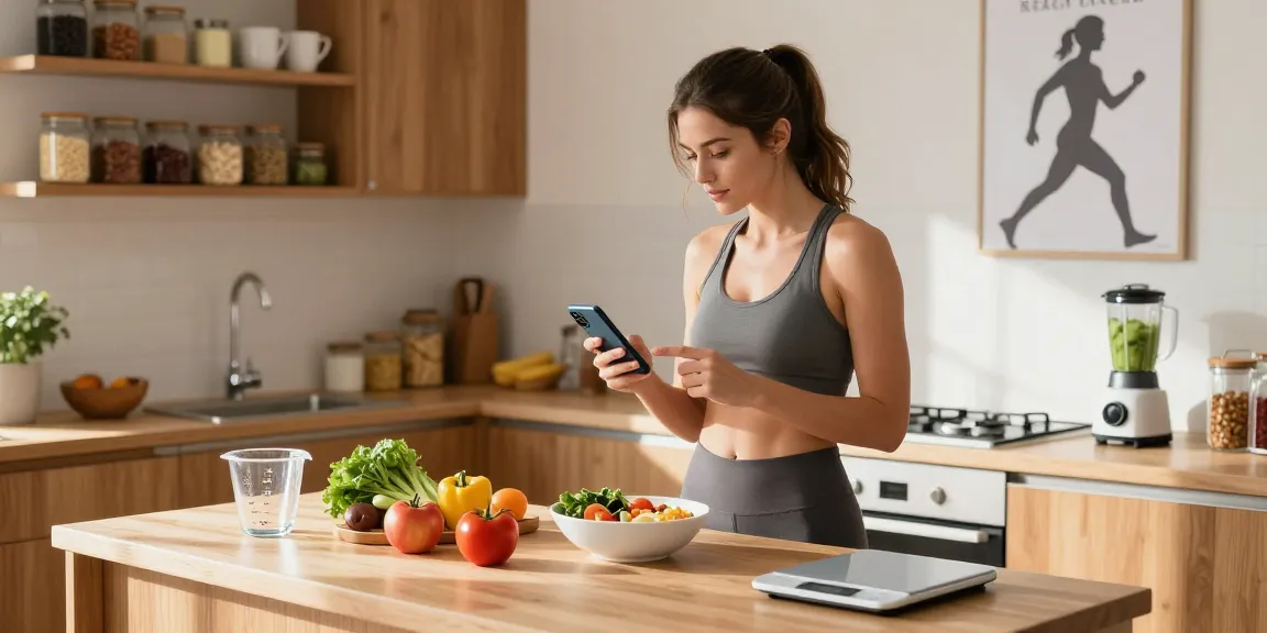 Engaged user tracking calories with the best calorie tracker app in a modern kitchen.