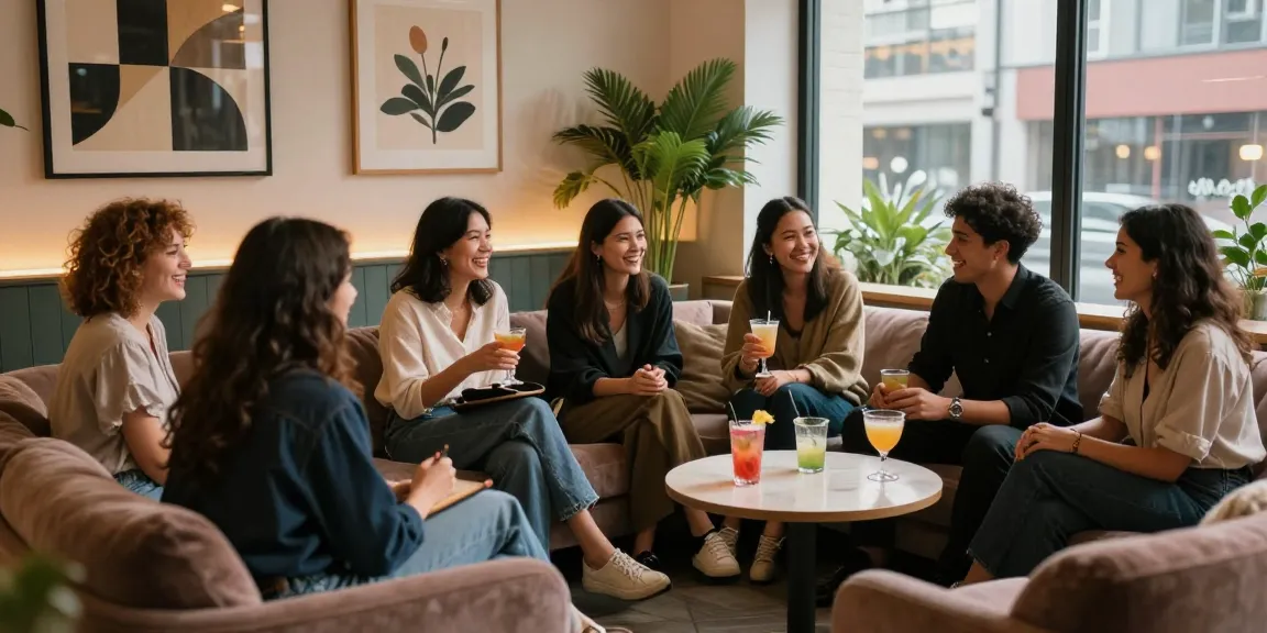 강남쩜오에서 친구들과 함께 즐거운 시간을 보내는 모습, 아늑한 분위기의 라운지.