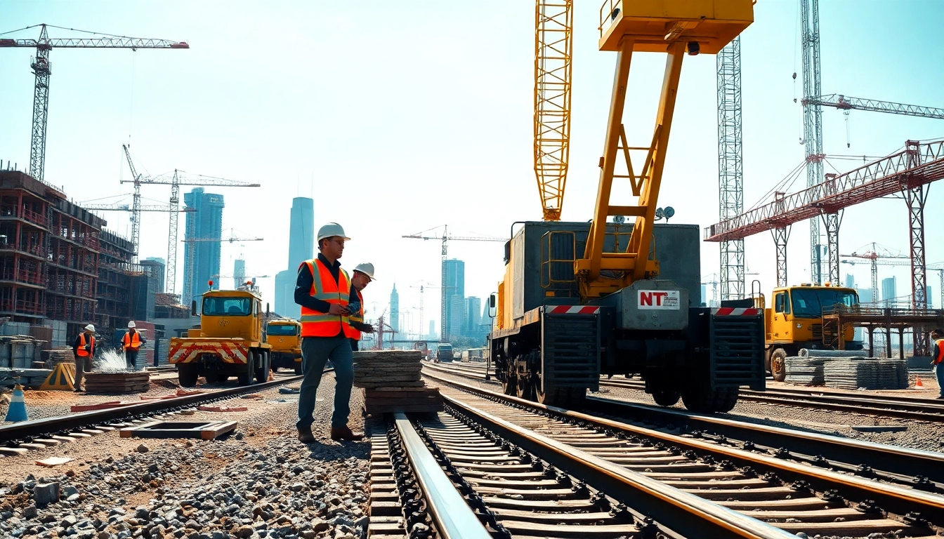 Railroad Contractors collaborating on construction, showcasing teamwork and industrial activity.