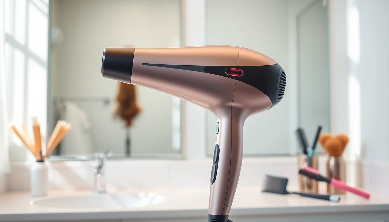Frizzy hair dryer showcasing its sleek design on a vanity counter, perfect for styling.