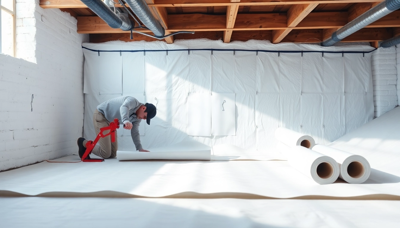 Vapor Barrier Installation showcasing a professional laying barrier material in a clean crawl space.