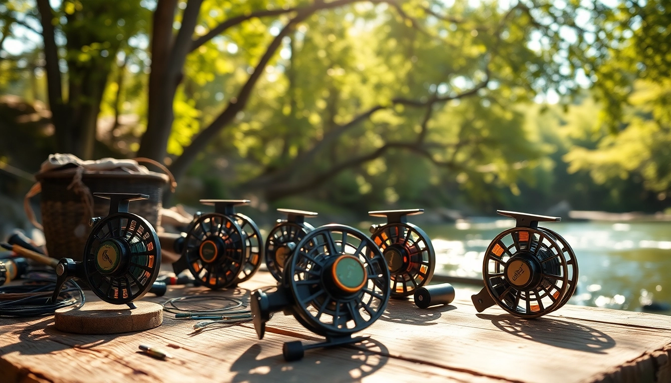 Showcasing the best fly fishing reels on a wooden table surrounded by fishing tackle and nature.