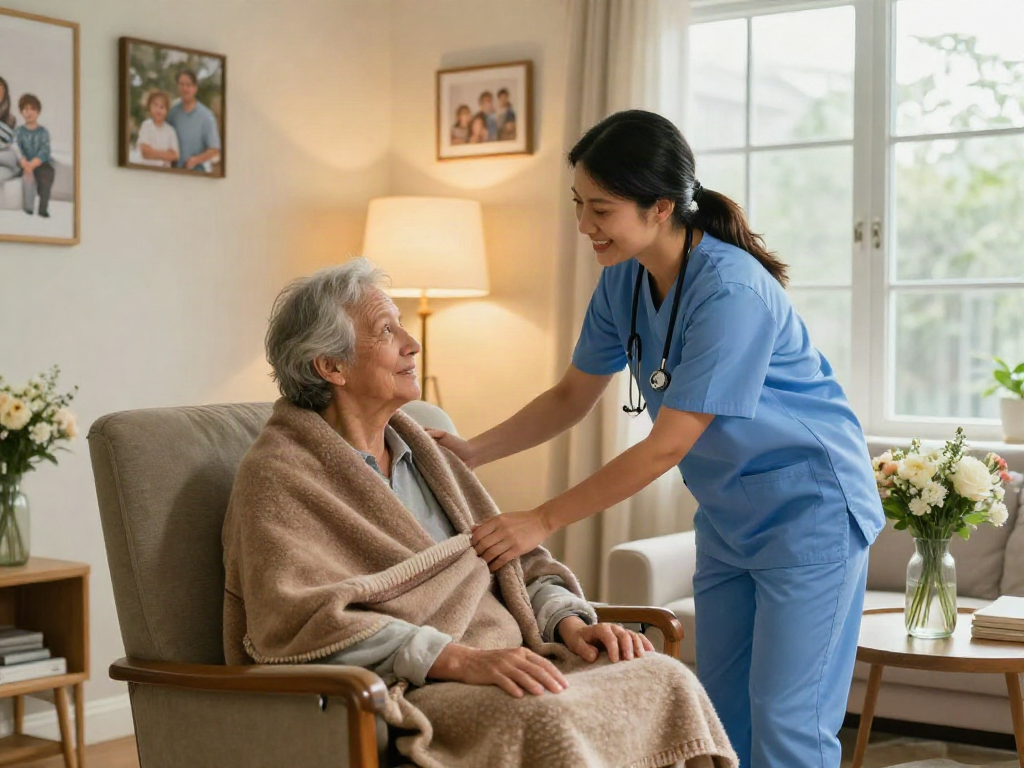 Compassionate caregiver assisting a senior in cozy home setting, showcasing bonus new member care services.