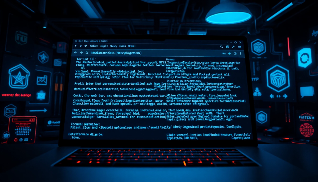The Hidden Wiki 1 interface displaying dark web links and services with a cyberpunk aesthetic.