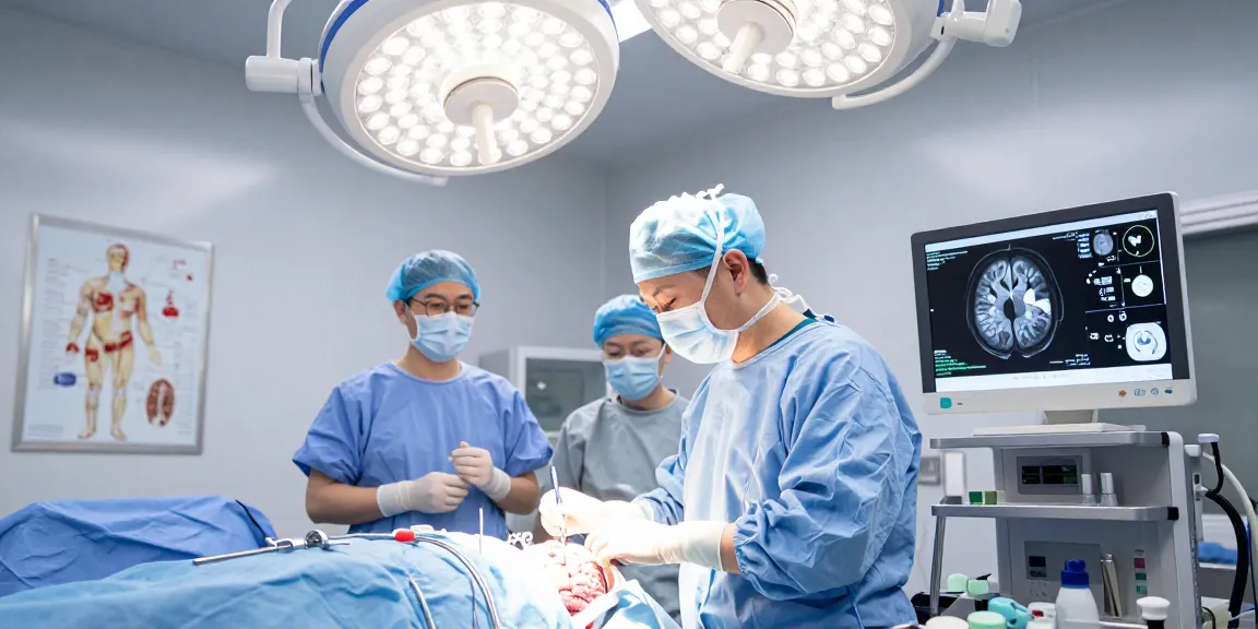 Beyin ameliyatı in a modern operating room with a neurosurgeon focused on a patient under anesthesia.