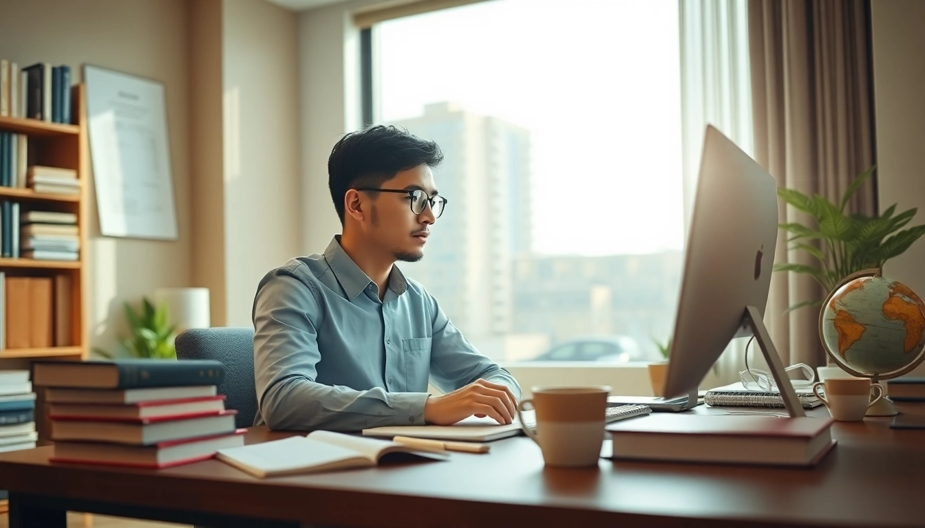 TOEFL test takers for hire studying in a modern environment with focus and determination.