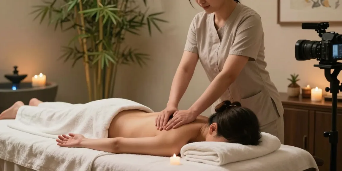 마사지 받고 있는 고객과 편안한 분위기의 마사지샵