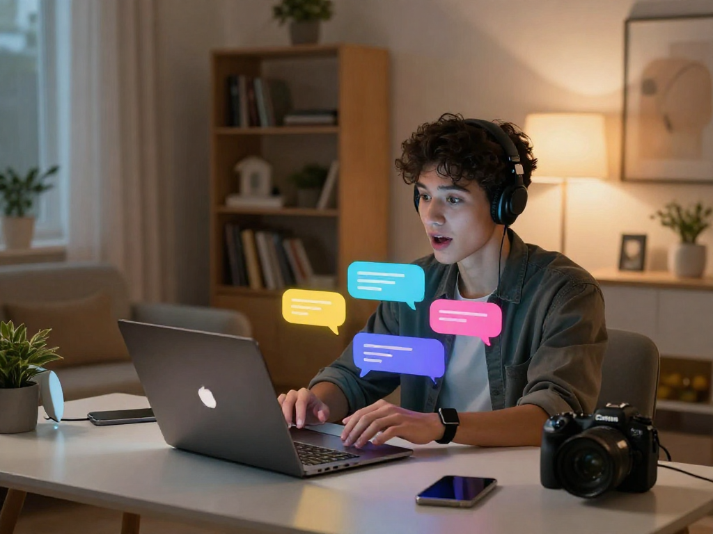 Nsfw chat bot conversation in a cozy virtual chat setting.