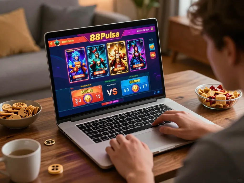 Pemain yang terlibat menikmati permainan 88Pulsa di pengaturan rumah yang nyaman, menekankan perjudian online yang strategis.