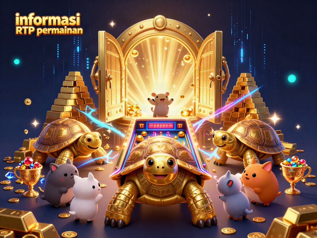 Visualisasi informasi RTP permainan dengan simbol slot dan karakter kuda laut berwarna emas yang cerah.