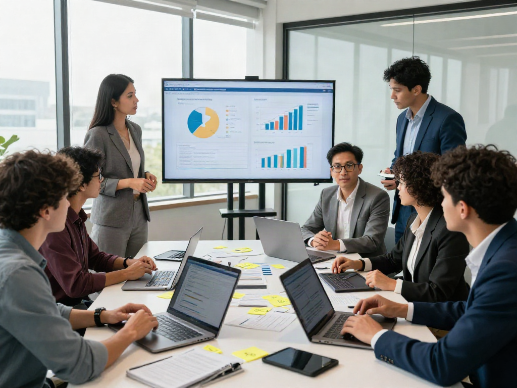 Dynamic business team collaborating on bonus new member strategy in modern office.