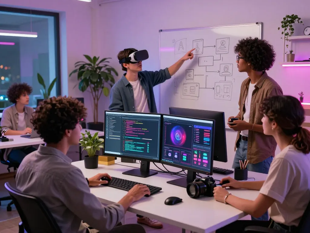 Innovative workspace showcasing sex AI app collaboration with diverse young adults developing wellness technology.