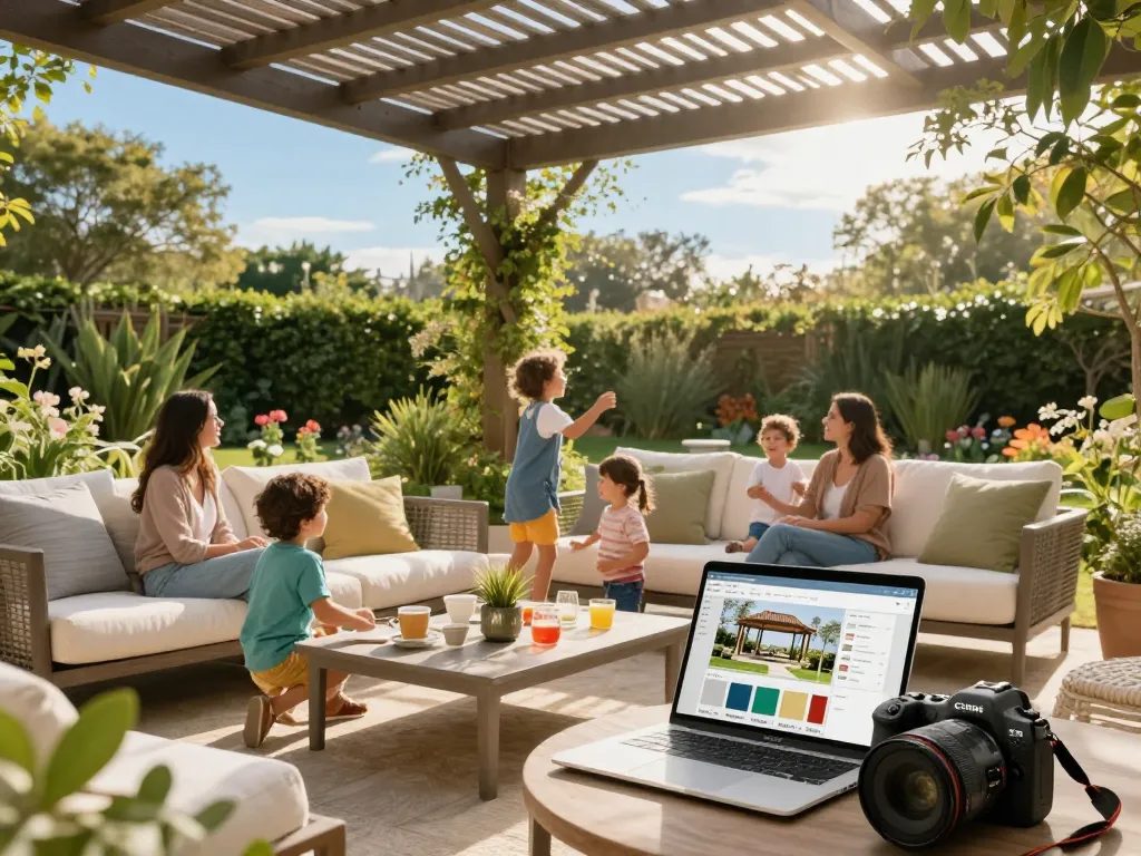 Family enjoying outdoor garden under custom pergola configurator showcasing design options.