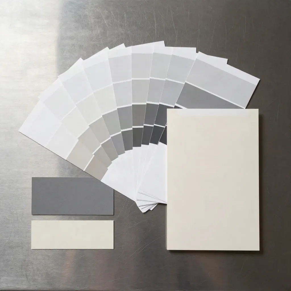 Overhead flatlay of a brand identity kit arranged on a brushed pewter slab.