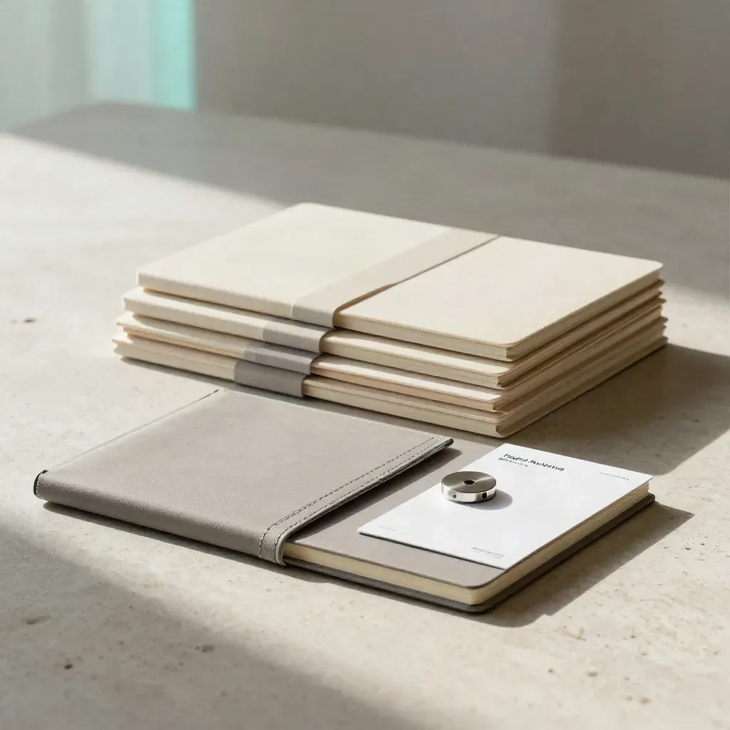 Sealed planning bundle and notebook on pale stone in soft daylight with a cyan glint.