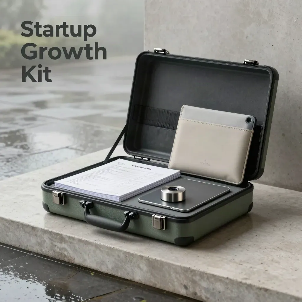 Open startup growth kit with case, folio, tracker puck and stand on rain-dark concrete at dawn.