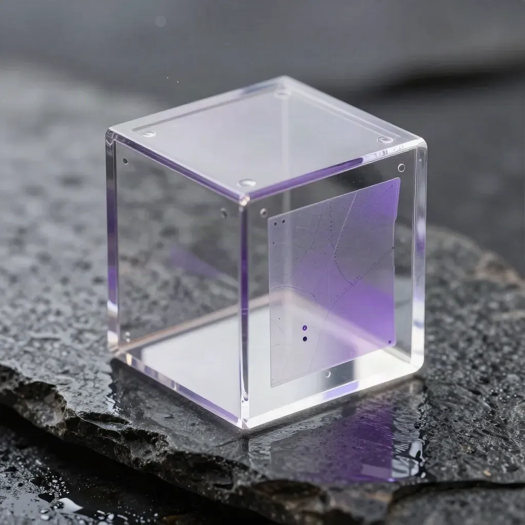 Clear acrylic cube over wet stone with map inserts and violet glints.