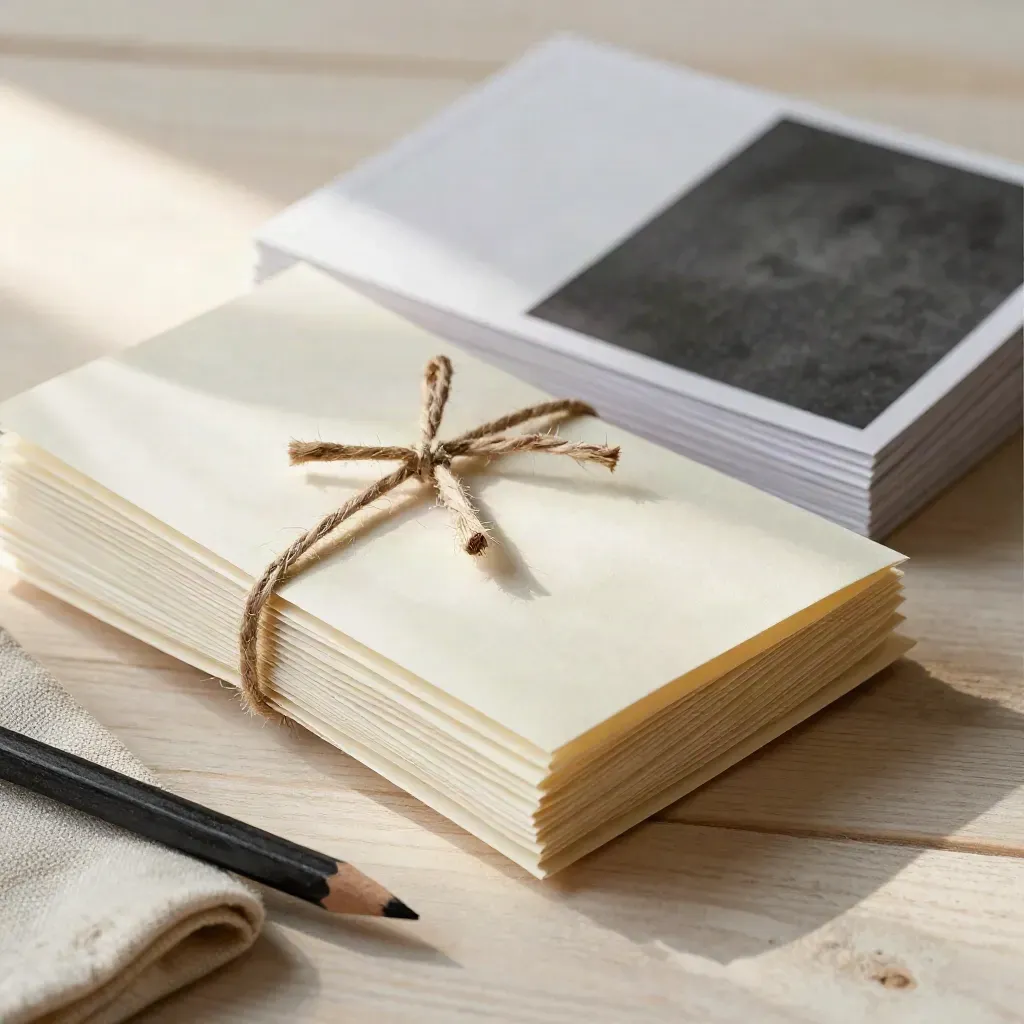 Cream copy pack with twine, pencil stub, linen and booklet stack on pale wood in soft sun