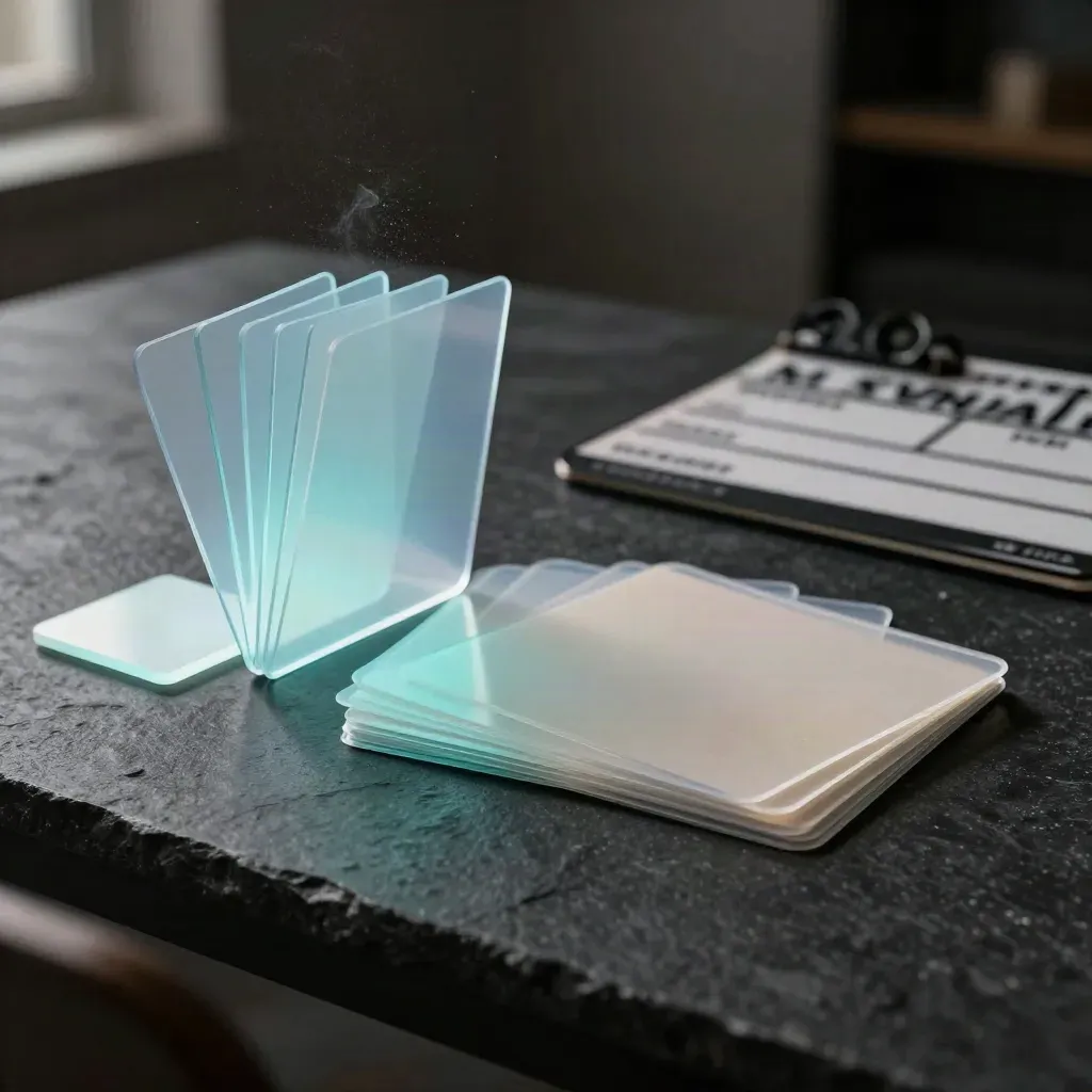 Fanned acetate ad cards, light tile, and folded board on matte black with cyan rim light