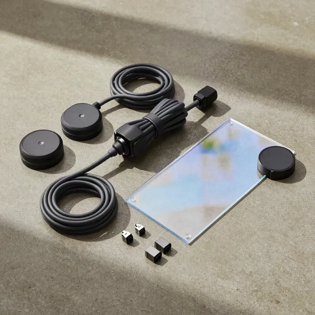 Overhead flat lay of tracking puck modules, cables, and a clear plate on khaki concrete.