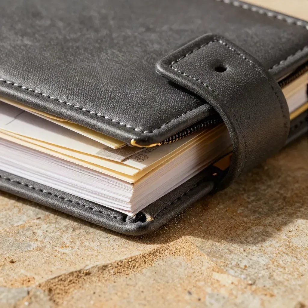 Macro of a charcoal SEO care planner, spare tabs, and open pouch on warm sand-colored stone.
