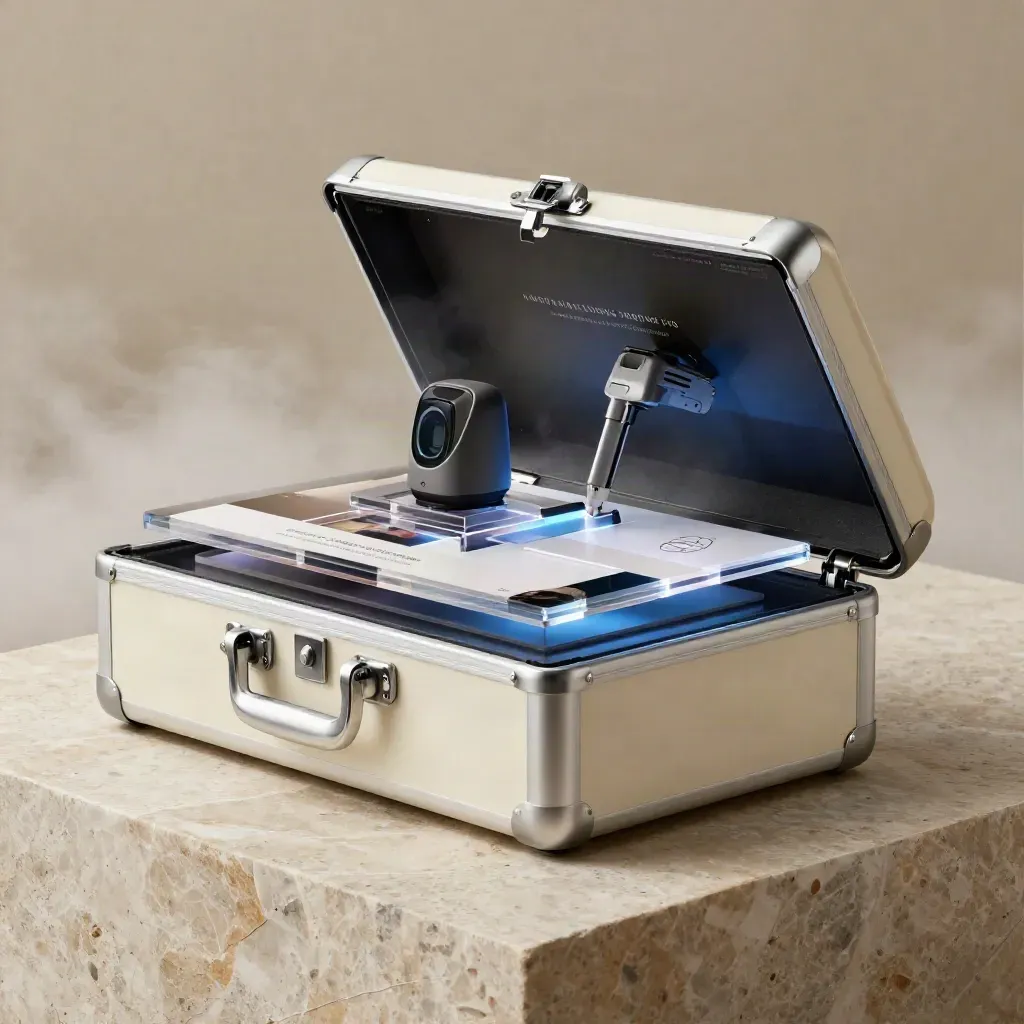 Open campaign chest with website, ads, and tracking modules on wet stone with blue mist.