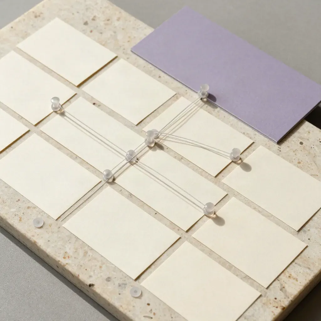 Overhead SEO keyword map kit with cards, pins, and strings on travertine.