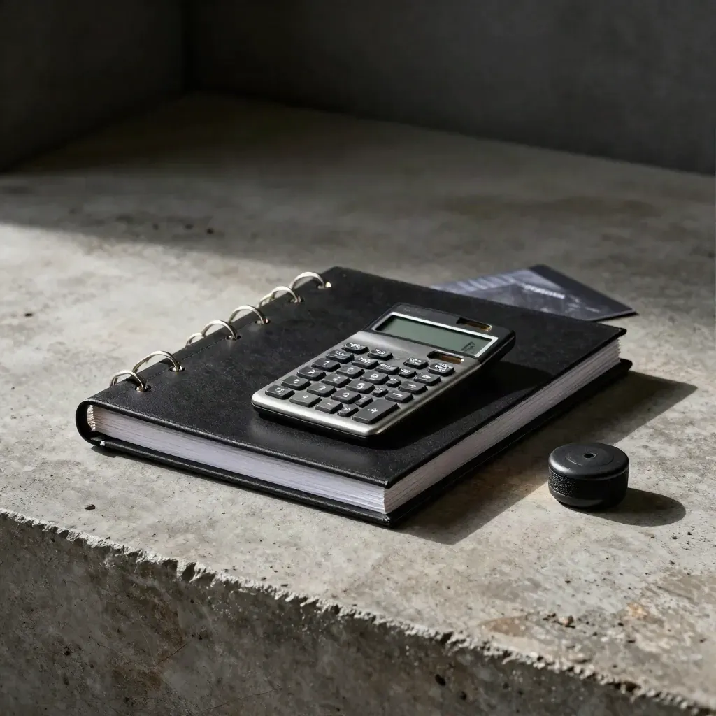 Dark ad review bundle with binder, calculator, and tracking puck on concrete