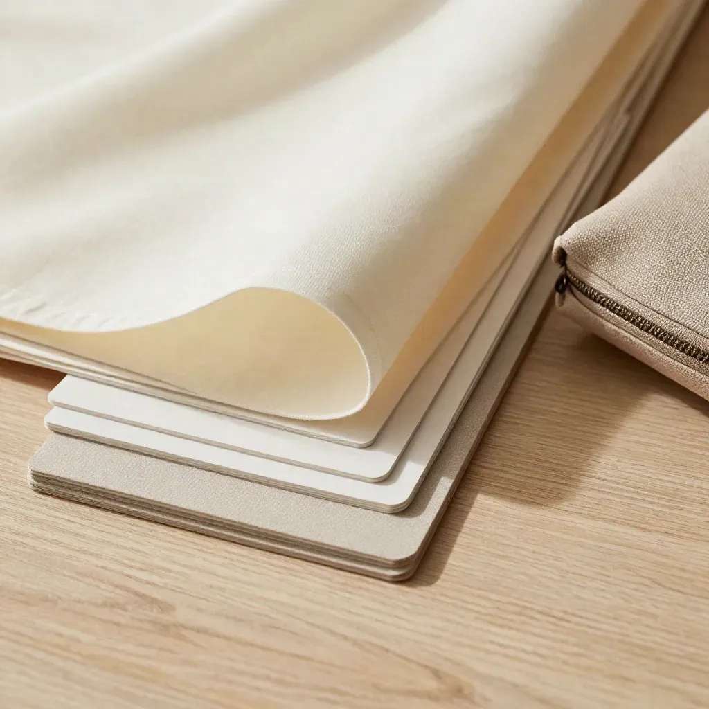 Cream copy kit with fanned paper sheets, folded cards, and a linen case on pale wood.