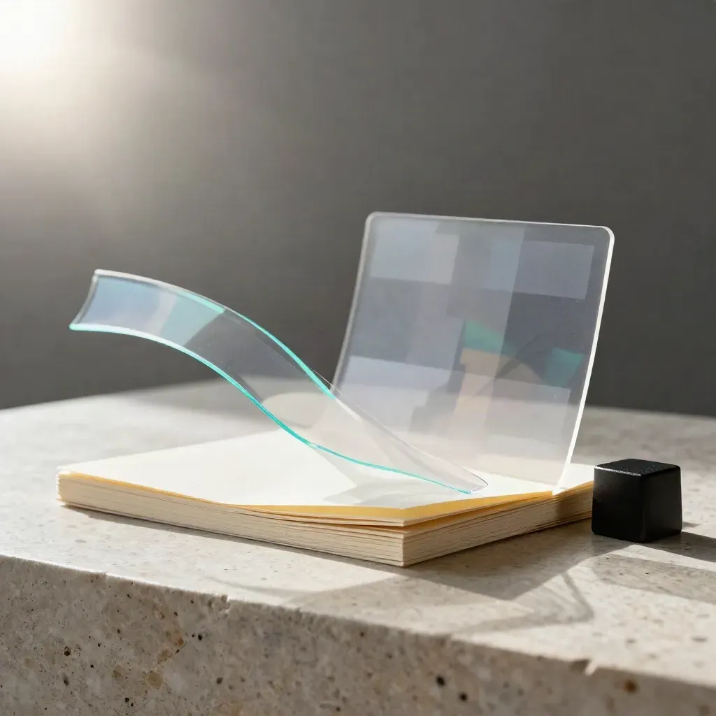 Translucent motion kit on stone plinth with cyan-lit strips
