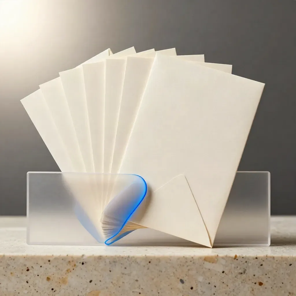 Translucent sleeve with fanned blank cards and an envelope on a travertine plinth.