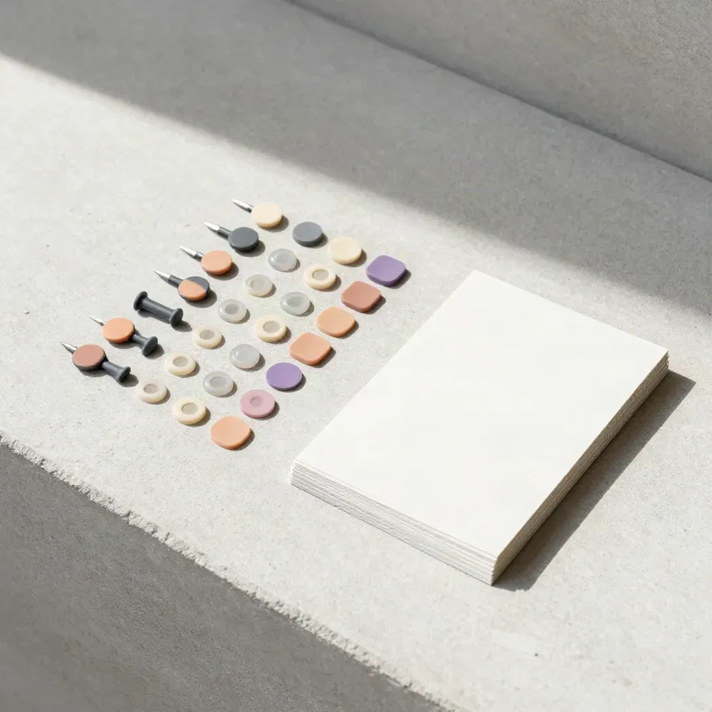 Overhead repair kit with location pins, tabs and adhesive dots on pale concrete