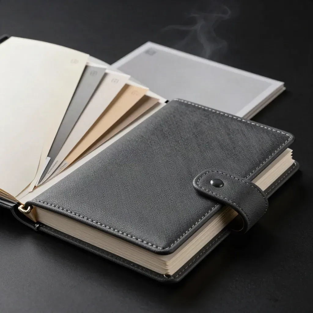 Half-open charcoal binder with fanned paper swatches and seal tags on a dark studio surface.