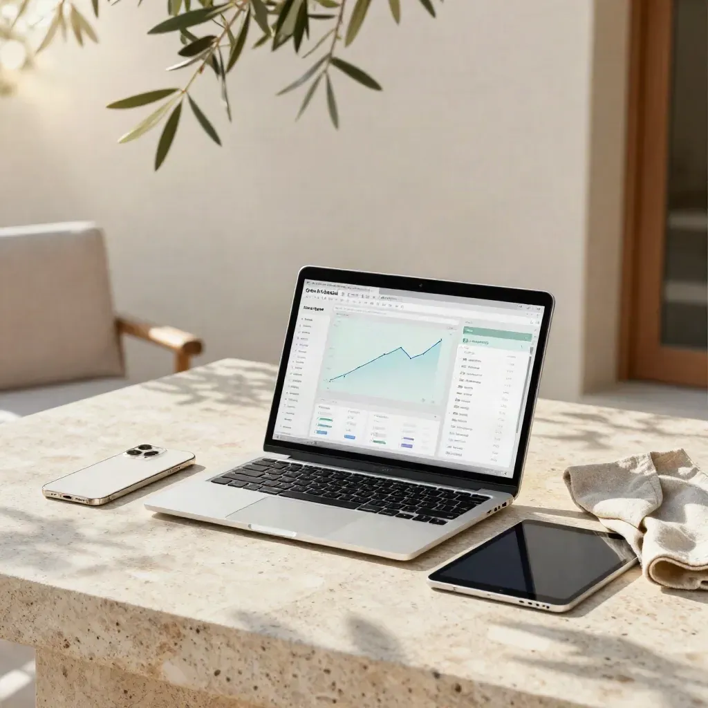 Silver laptop and SEO dashboard on sunlit travertine terrace with linen chair and olive leaves