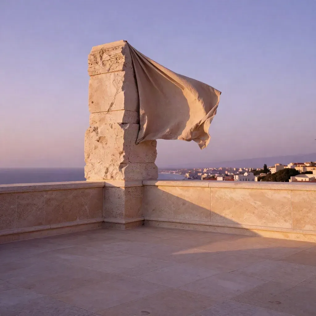 Golden rooftop terrace with limestone blocks, linen drape, and hazy city beyond.