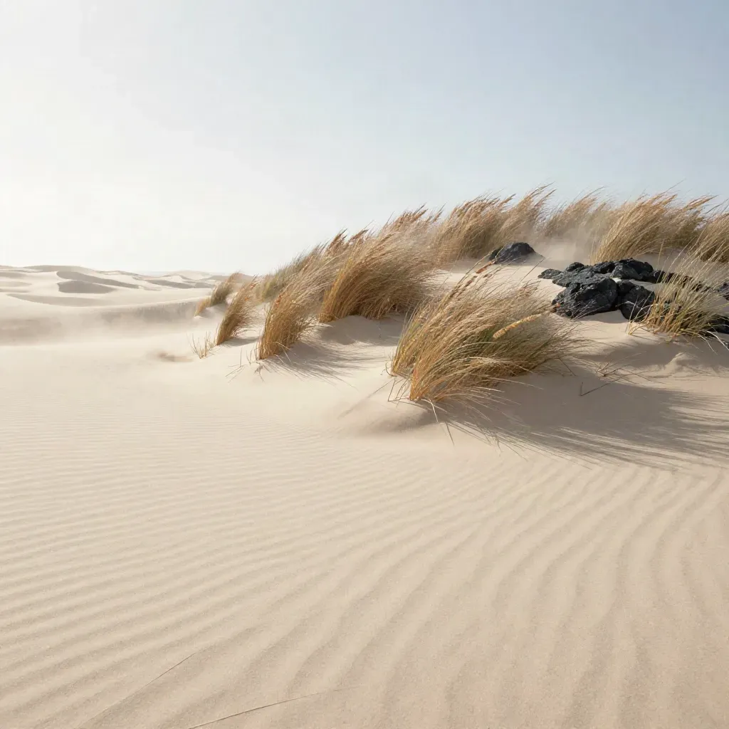 Wind-swept sand dune ridge with grasses and a stone outcrop under hazy open sky.