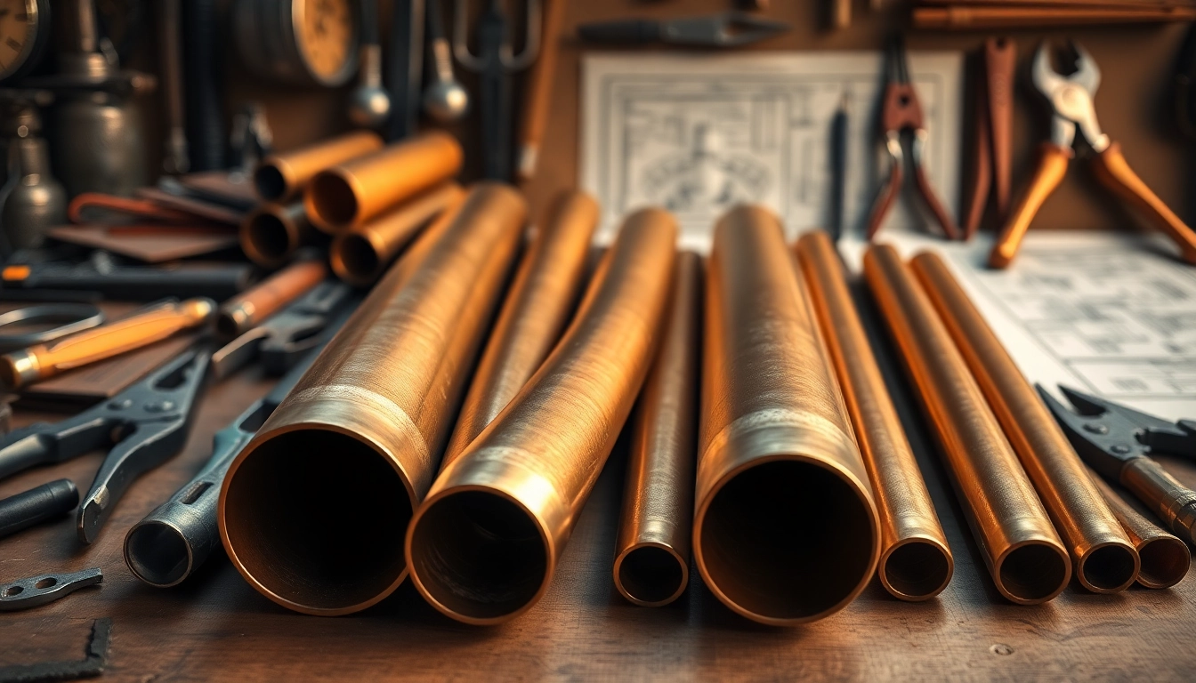 Teava bronz expusă într-un atelier, evidențiind meșteșugul de calitate și texturile metalice.