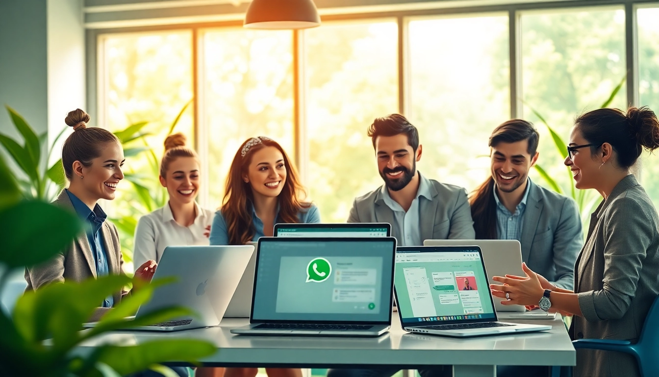 Enhance business communication with WhatsApp Smart CRM in a vibrant office setting.