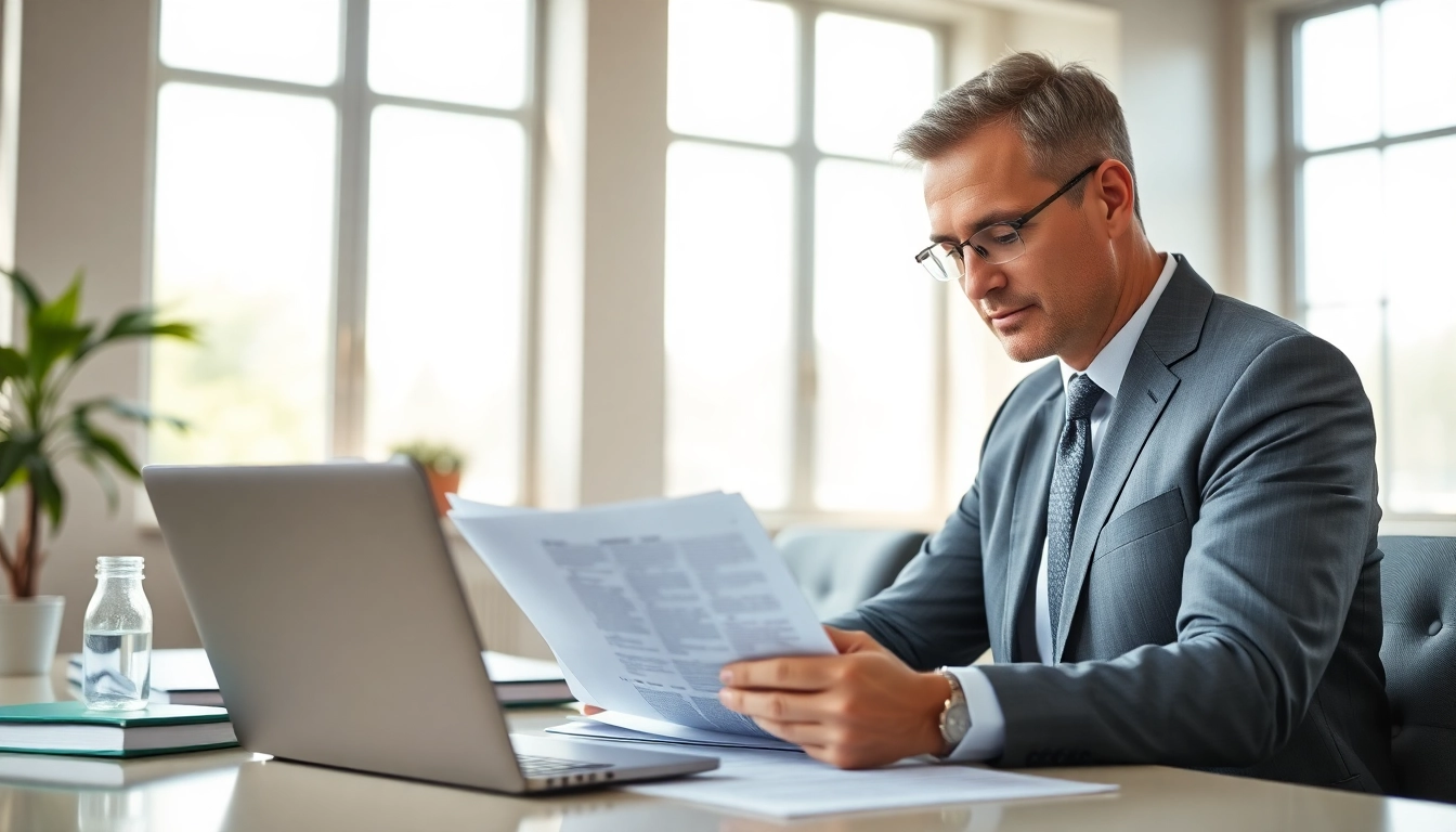 Consultant reviewing federal and state contracts and grants in a professional office.