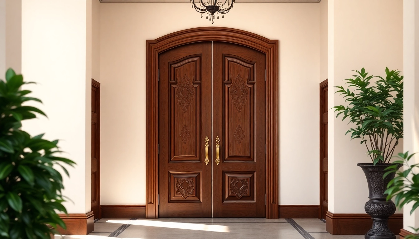 Install a single leaf double swing door in a beautiful entryway with natural lighting and greenery.