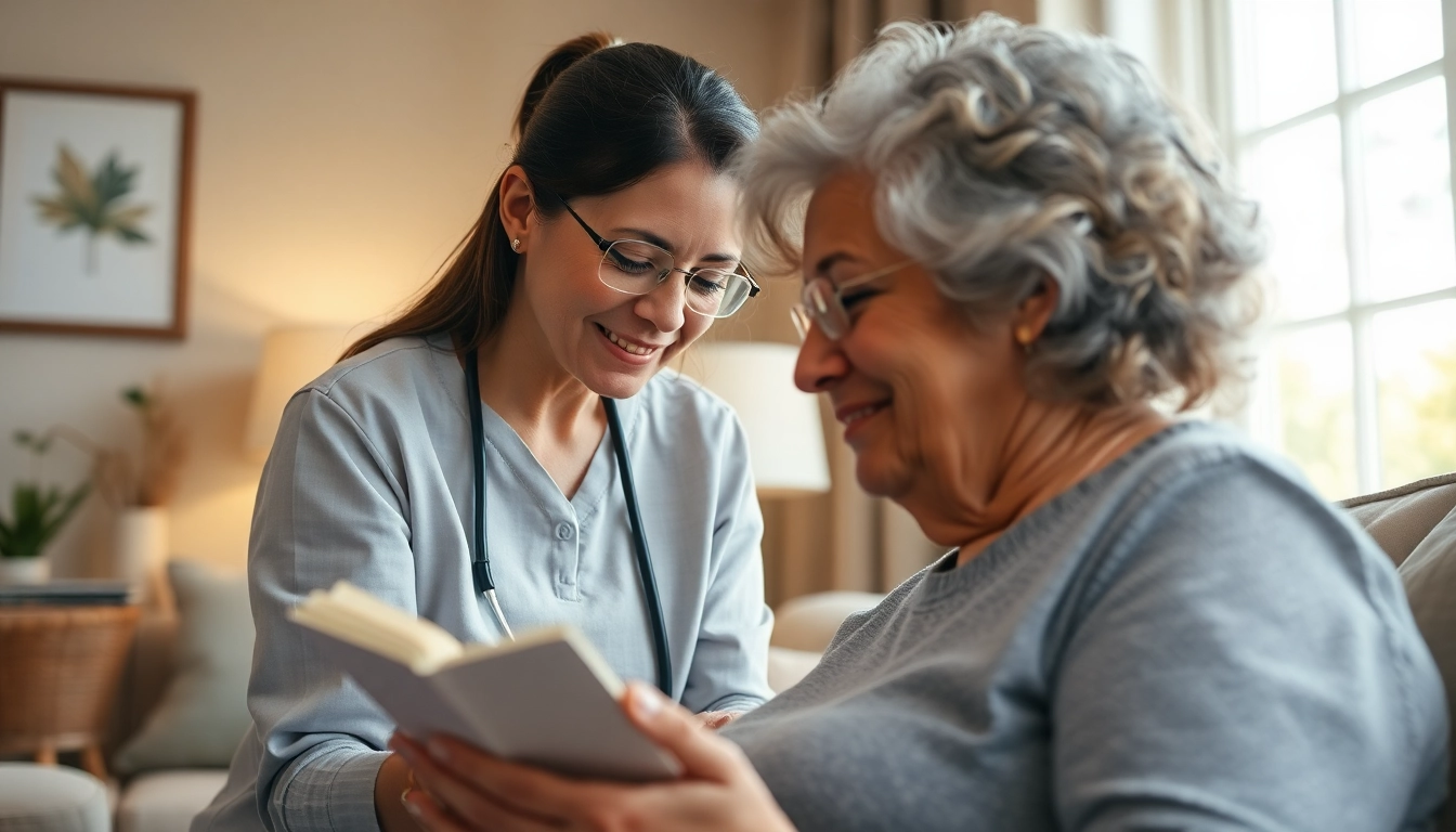 Engaging scene of austin senior home care with a caregiver and elderly client in a cozy living room.