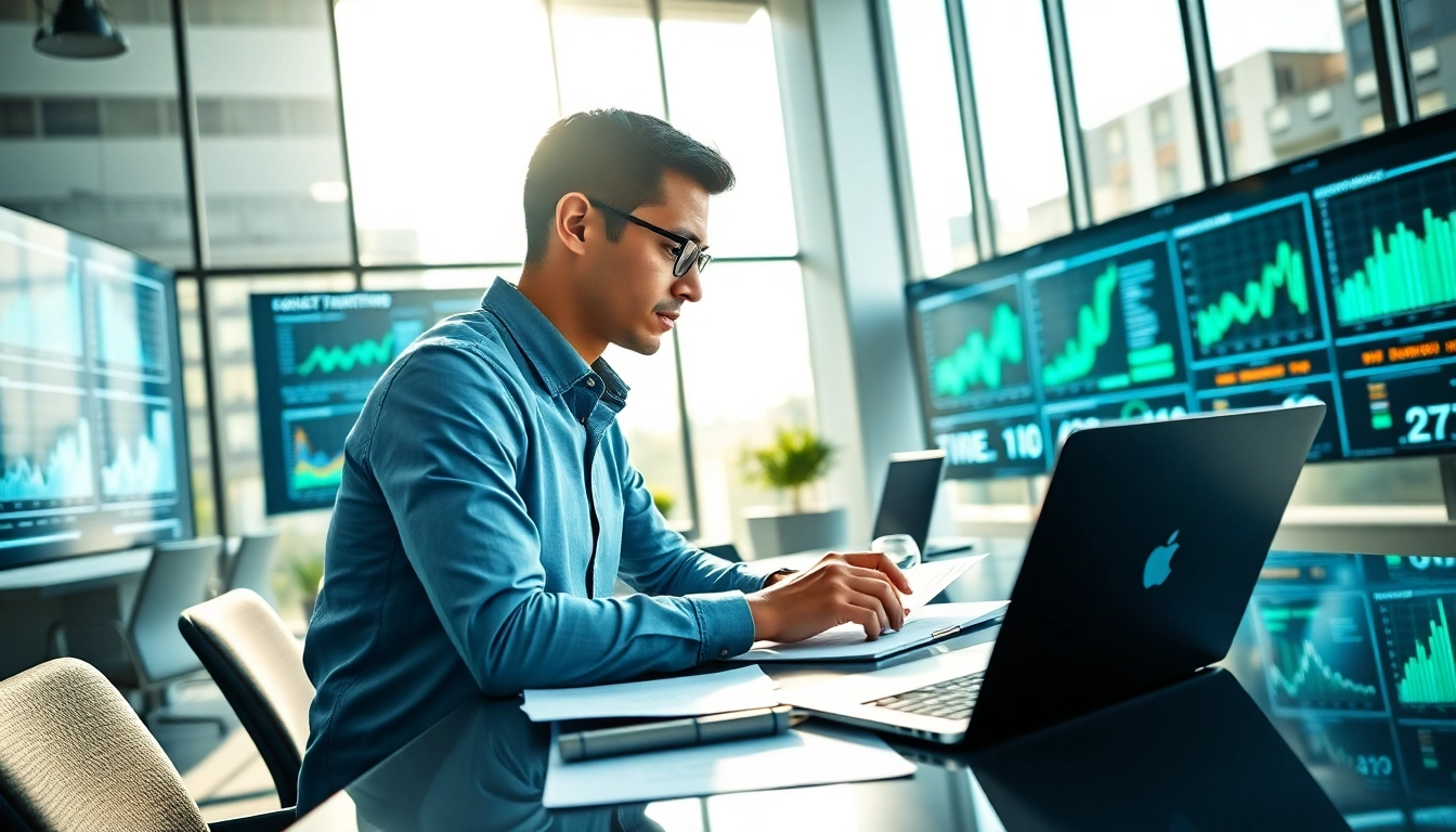 AI for competitor analysis performed by a professional analyst amidst modern office tech.